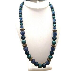 Shades of Twilight Long Beaded Necklace, Blues in Teals in Matte Finish, Floral